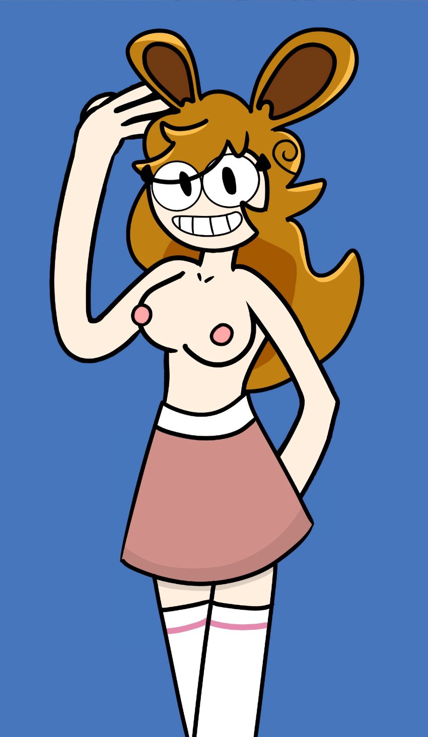 artist_request breasts brown_hair candyevie luvie skirt smile smiling smiling_at_viewer socks topless youtube youtuber