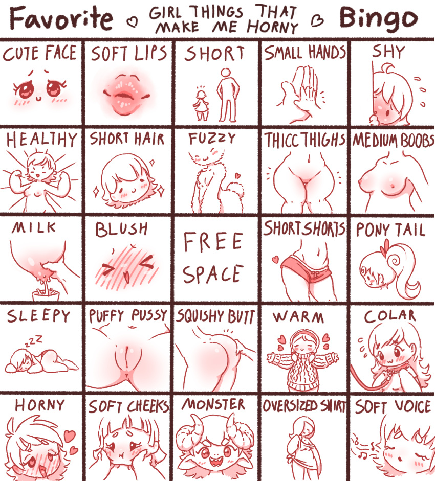 ass ass_grab bingo_card blush collar hands_on_cheeks horny horny_female lactation leash medium_breasts milking monster_girl oversized_clothes oversized_shirt ponytail puffy_pussy short_hair short_shorts shy size_difference sleeping small_hands smaller_female sweater tagme thick_thighs