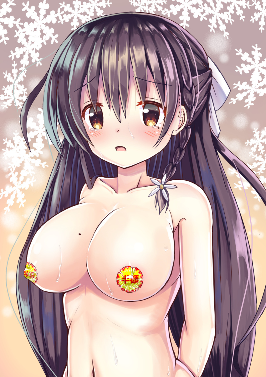 areola_slip areolae arms_behind_back blush braid breasts brown_eyes brown_hair covered_erect_nipples female flower hair_flower hair_ornament large_breasts long_hair looking_at_viewer mole mole_on_breast mole_under_eye navel nude open_mouth pasties shirakawa_kokona solo standing tears watashi_no_tame_ni_nuginasai! wet yuutopia