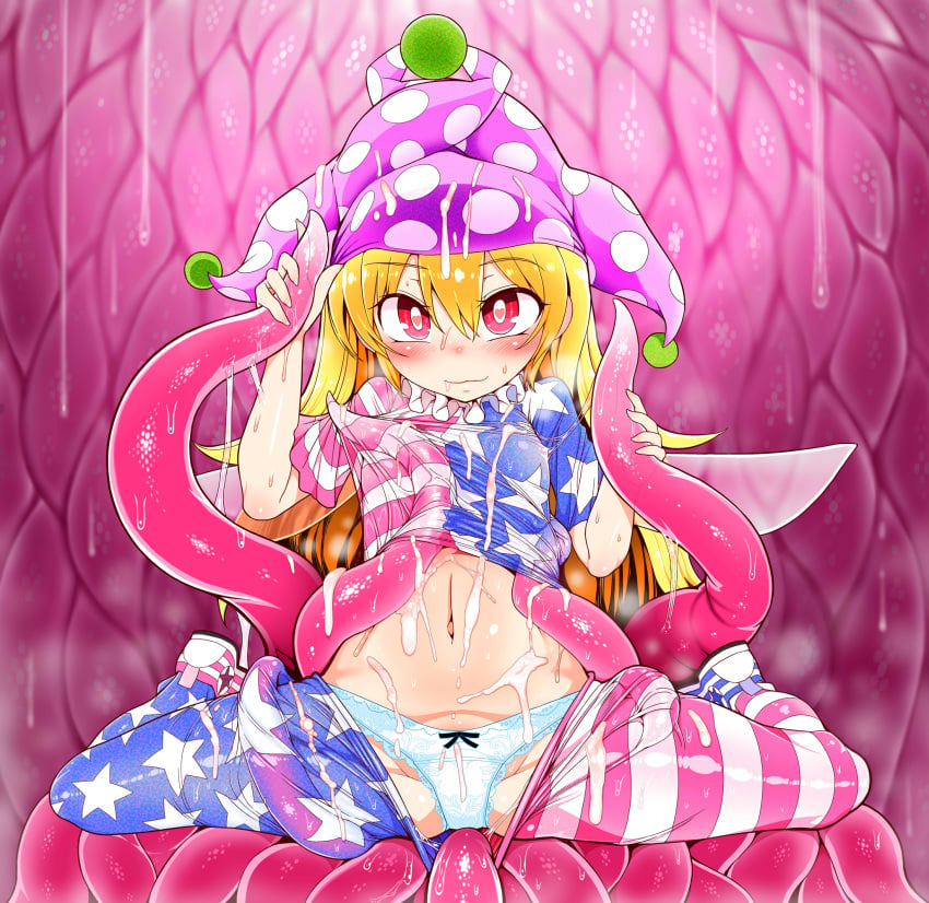 :3 american_flag_legwear american_flag_shirt blonde_hair blue_panties blush closed_mouth clownpiece consensual_tentacles female flag_print hands_up hat heart heart-shaped_pupils highres jester_cap looking_at_viewer navel panties red_eyes sitting smile solo sweat swimsuit symbol-shaped_pupils tentacle tentacle_pit tentacles_under_clothes touhou underwear yassy