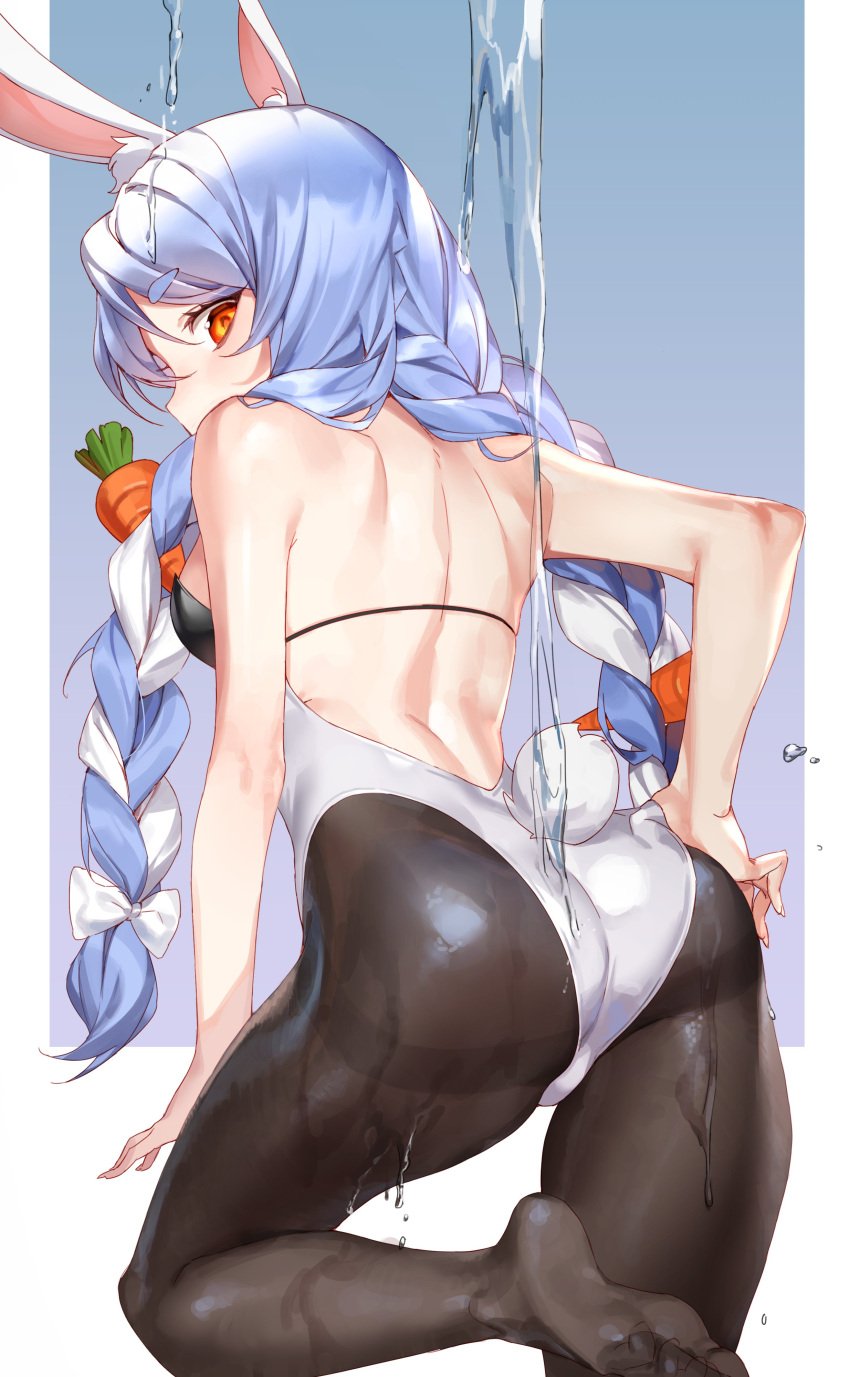 1girls animal_ears ass blue_hair hololive hololive_fantasy hololive_japan leotard long_hair looking_back orange_eyes pantyhose pepperdevil solo usada_pekora virtual_youtuber water wet