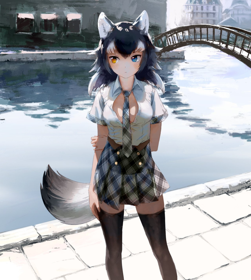 animal_ears arm_behind_back between_breasts black_legwear black_necktie black_neckwear black_skirt blue_eyes blush breasts bridge day female female grey_hair grey_wolf_(kemono_friends) heterochromia high_resolution kemono_friends long_hair looking_to_the_side medium_breasts multicolored_hair necktie necktie_between_breasts open_clothes open_shirt outdoors plaid plaid_necktie plaid_neckwear plaid_skirt pleated_skirt river shirt short_hair skirt solo standing tagme tail thighhighs treeware two-tone_hair white_hair white_shirt wolf_ears wolf_tail yellow_eyes