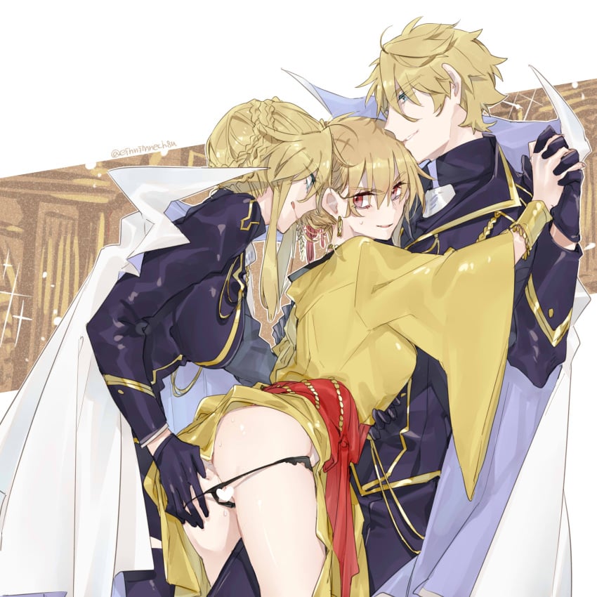 1boy 2girls 88_(einnimnech) arthur_pendragon_(fate) artist_name artoria_pendragon artoria_pendragon_(lancer) ass bisexual_(female) blonde_hair blue_eyes breasts censored commentary_request cowboy_shot earrings eyebrows_visible_through_hair fate/grand_order fate_(series) genderswap_(mtf) gilgamesh_(caster)_(fate) gilgamesh_(fate) gloves hair_between_eyes hair_bun heart heart_censor highres holding_hands jewelry large_breasts long_sleeves multiple_girls panties red_eyes rule_63 standing tongue tongue_out twitter_username underwear watermark