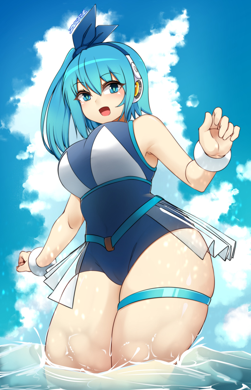 1girls aqua_eyes aqua_hair armband breasts capcom clothed clothed_female clothes clothing female female_only garter large_breasts mega_man mega_man_x_dive one-piece_swimsuit open_mouth ribbon rico_(mega_man) robot_ears solo solo_female swimsuit thick_thighs thighs water z666ful