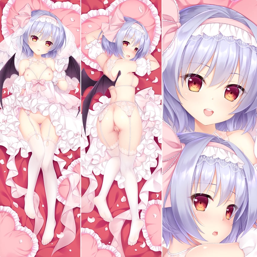 bangs bat_wings blue_hair bra breasts chinese_commentary clothes_lift commentary_request cupless_bra dakimakura_(medium) detached_sleeves dress eyebrows_visible_through_hair feet female full_body garter_belt gloves hair_between_eyes hair_intakes hair_ribbon hairband heart heart_pillow high-waist_skirt highres lifted_by_self looking_at_viewer lying multiple_views no_panties no_shoes on_back on_bed on_stomach open_mouth parted_lips pillow pink_hairband pink_ribbon puffy_short_sleeves puffy_sleeves pussy pussy_juice red_eyes remilia_scarlet ribbon short_hair short_sleeves skirt skirt_lift skirt_removed thighhighs touhou underwear upper_teeth veil white_dress white_gloves white_hairband white_legwear white_skirt wings yutian_alice