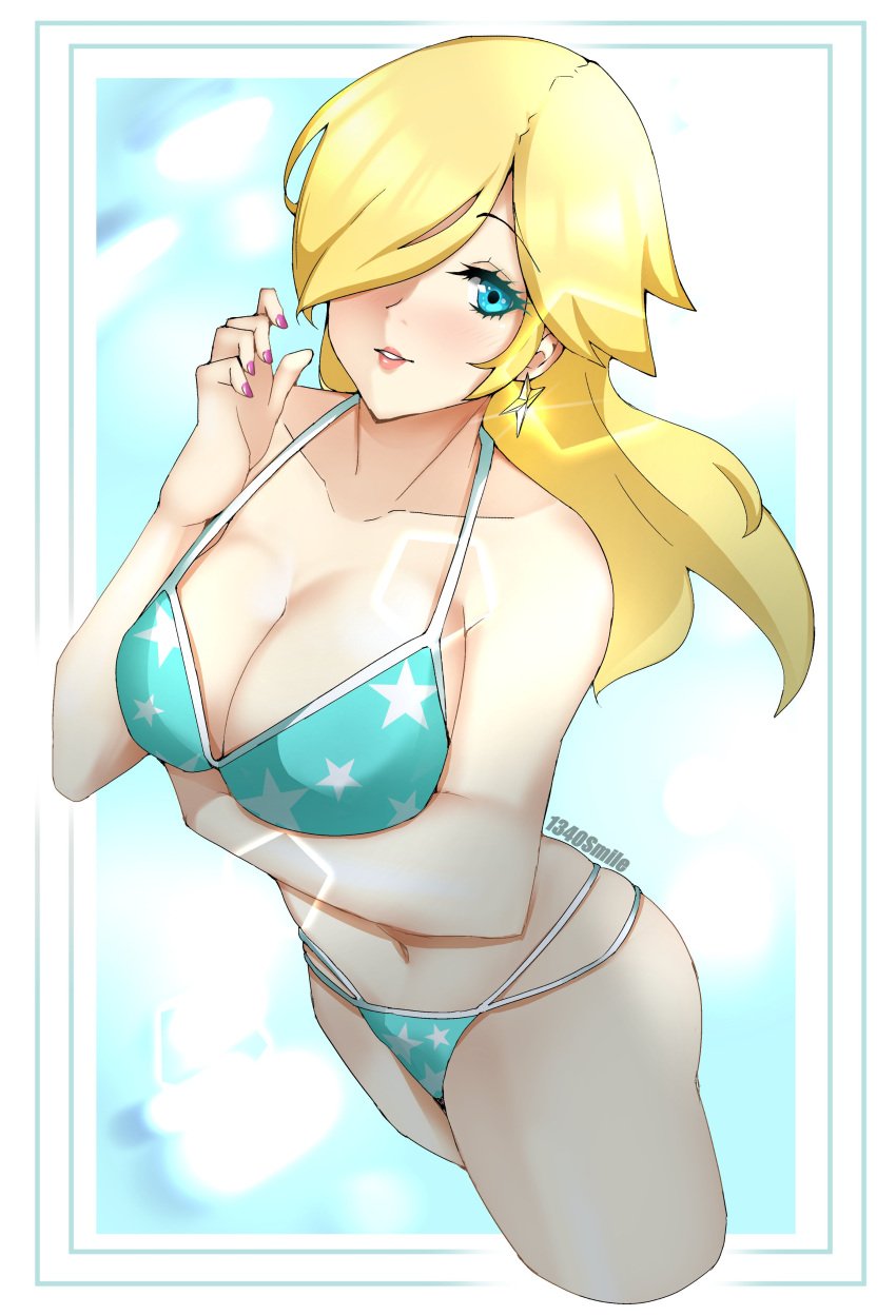 1340smile 1girls alternate_costume bikini bimbo blonde_hair blue_eyes breasts ear_piercing female female_only hair_over_one_eye light-skinned_female light_skin lipstick mario_(series) medium_hair nintendo princess_rosalina solo solo_female super_mario_galaxy swimsuit