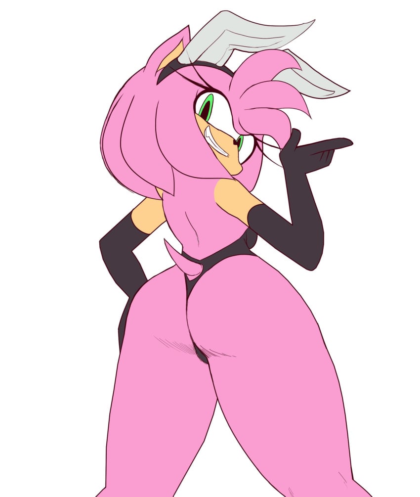 amy_rose anthro armwear ass bunny_costume clothing costume elbow_gloves eulipotyphlan evenytron fake_ears fake_rabbit_ears female gloves grin hand_on_hip handwear hedgehog hi_res looking_at_viewer looking_back mammal pstash sega simple_background smile solo sonic_(series) white_background