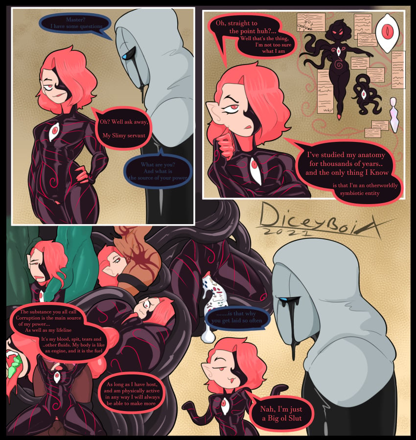 bodysuit colored_hair comic corruption cuntboy dialogue diceyboi intersex latex orange_hair orgy rubber shiny shiny_skin spawn_of_oblivion speech_bubble tentacle the_boss_(diceyboi)