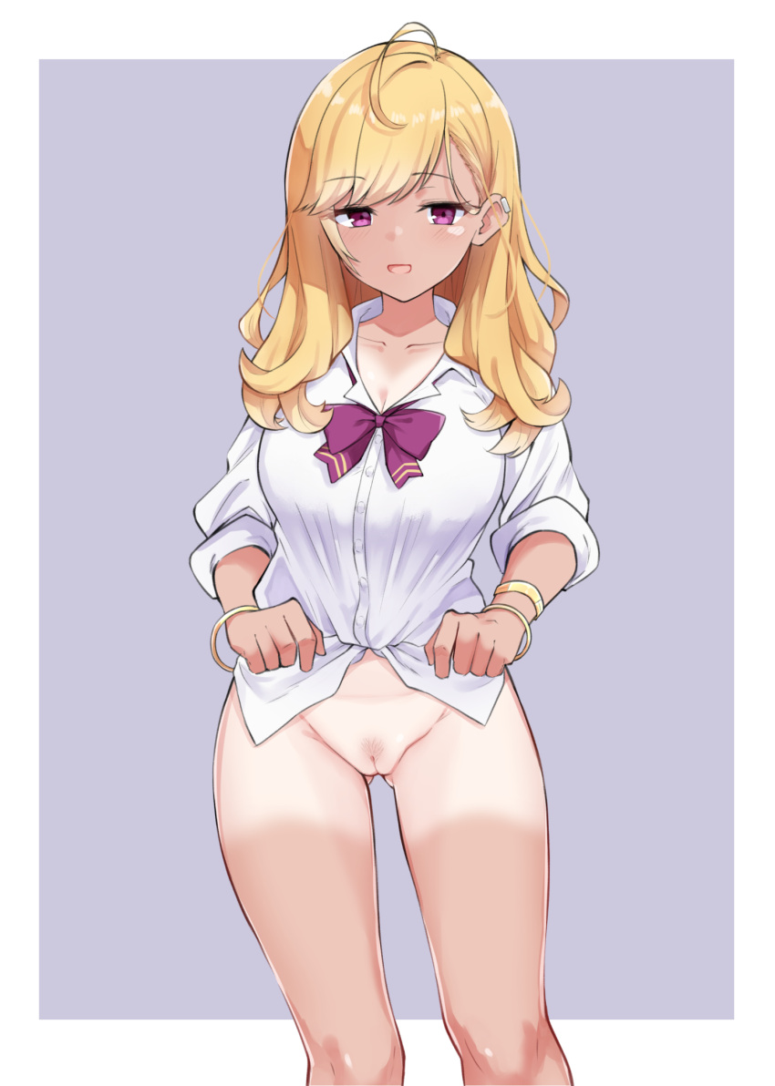 ahoge ass_visible_through_thighs bangs blonde_hair blush bottomless bow bowtie bracelet breasts cleavage clothes_lift collarbone earrings eyebrows_visible_through_hair female half-closed_eyes highres jacket jewelry knees large_breasts long_hair long_sleeves looking_at_viewer mm_(mm_chair) nijisanji open_mouth pubic_hair purple_bow purple_eyes pussy seductive_smile shirt shirt_lift shorts_tan simple_background sleeves_rolled_up smile solo standing swept_bangs takamiya_rion tan tanlines uncensored virtual_youtuber wavy_hair white_jacket