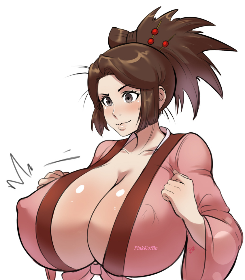 1girls alternate_breast_size big_breasts big_nipples blush breast breasts brown_hair chounyuu cleavage concerned embarrassed enormous_breasts fuu huge_breasts large_breasts massive_breasts nervous nervous_smile nipple_piercing nipples pinkkoffin samurai_champloo spiky_hair top_heavy voluptuous