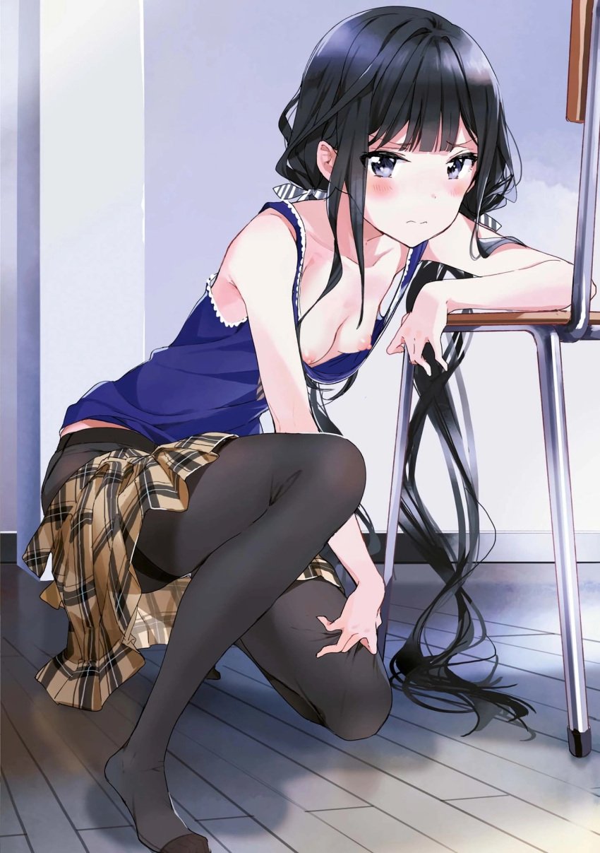 adagaki_aki areola_slip areolae bent_knees black_hair black_legwear black_pantyhose blue_eyes blush breast_slip breasts chair cleavage female female high_resolution indoors kneeling long_hair looking_at_viewer masamune-kun_no_revenge nipples no_bra pantyhose skirt small_breasts solo tagme third-party_edit wardrobe_malfunction