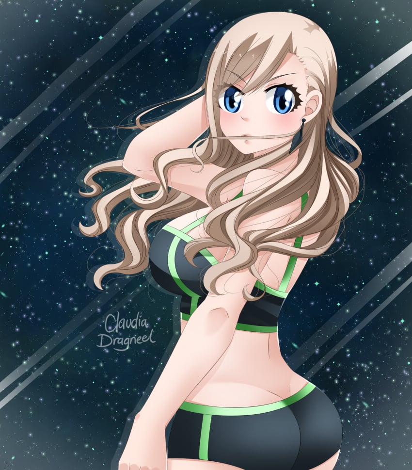 1girls ass blue_eyes claudia_dragneel edens_zero female female_only looking_at_viewer only_female rebecca_bluegarden shorts solo solo_female sports_bra standing