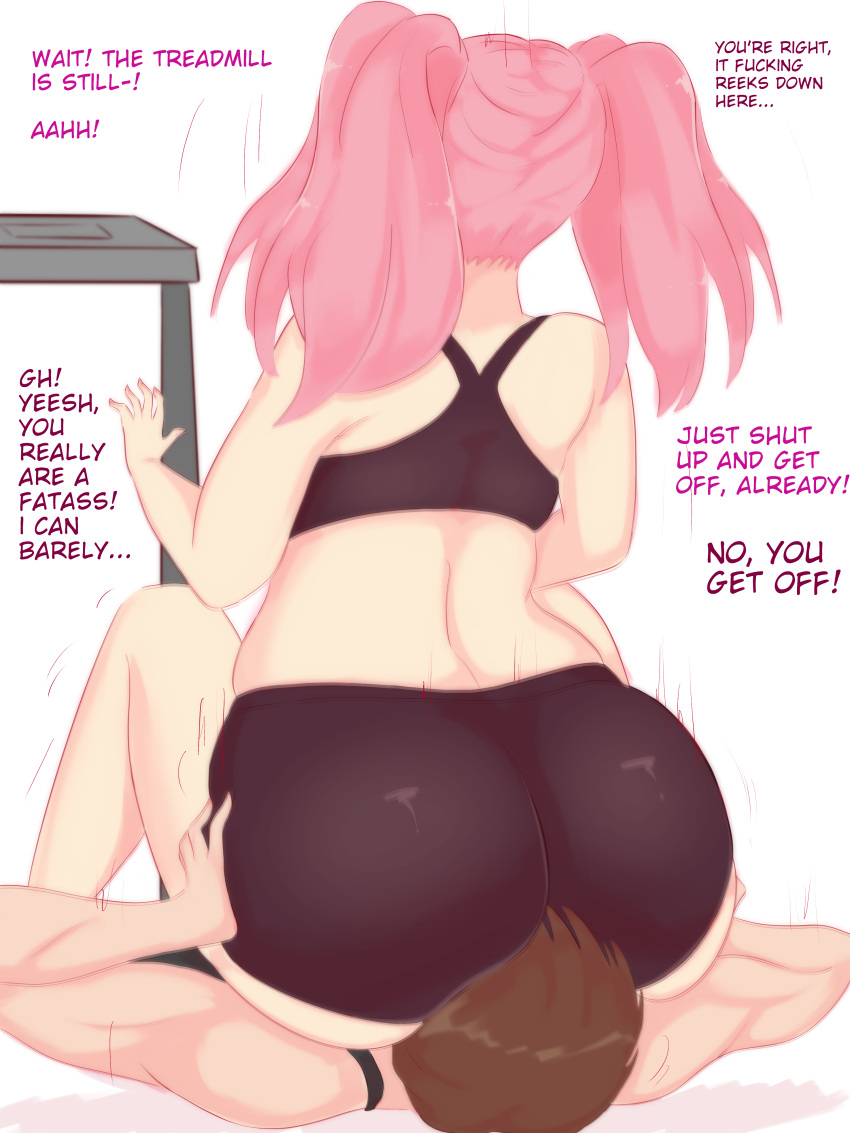 1boy 1girls ass_eating ass_grab booty_shorts brown_hair chubby chubby_female doki_doki_literature_club facesitting lewddoodler male/female natsuki_(doki_doki_literature_club) pink_hair sports_bra treadmill