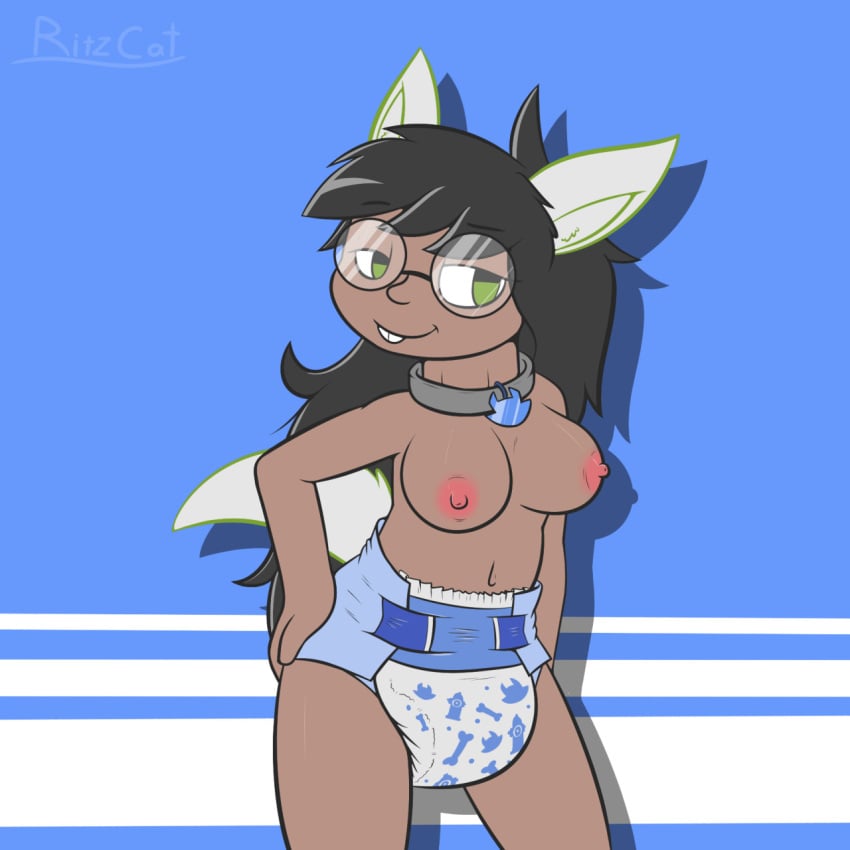 1girls black_hair blue_background breasts buckteeth collar dark-skinned_female dark_skin diaper dog_ears female glasses green_eyes homestuck jade_harley long_hair looking_at_viewer ms_paint_adventures nipples ritzcat smile solo tail topless