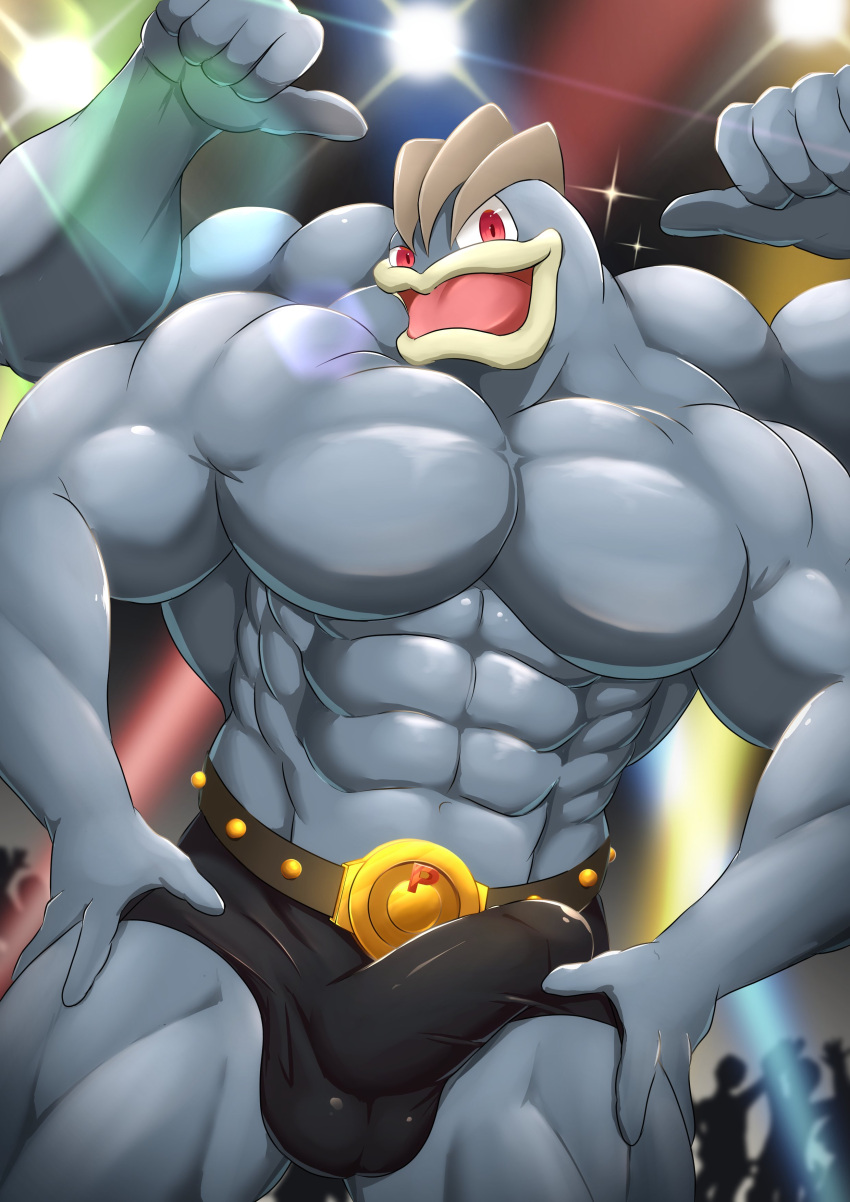 2022 absurd_res bulge generation_1_pokemon group hi_res humanoid looking_at_viewer machamp male male_only muscular muscular_humanoid muscular_male nintendo pokemon pokemon_(species) red_eyes solo_focus toranoyouhei video_games