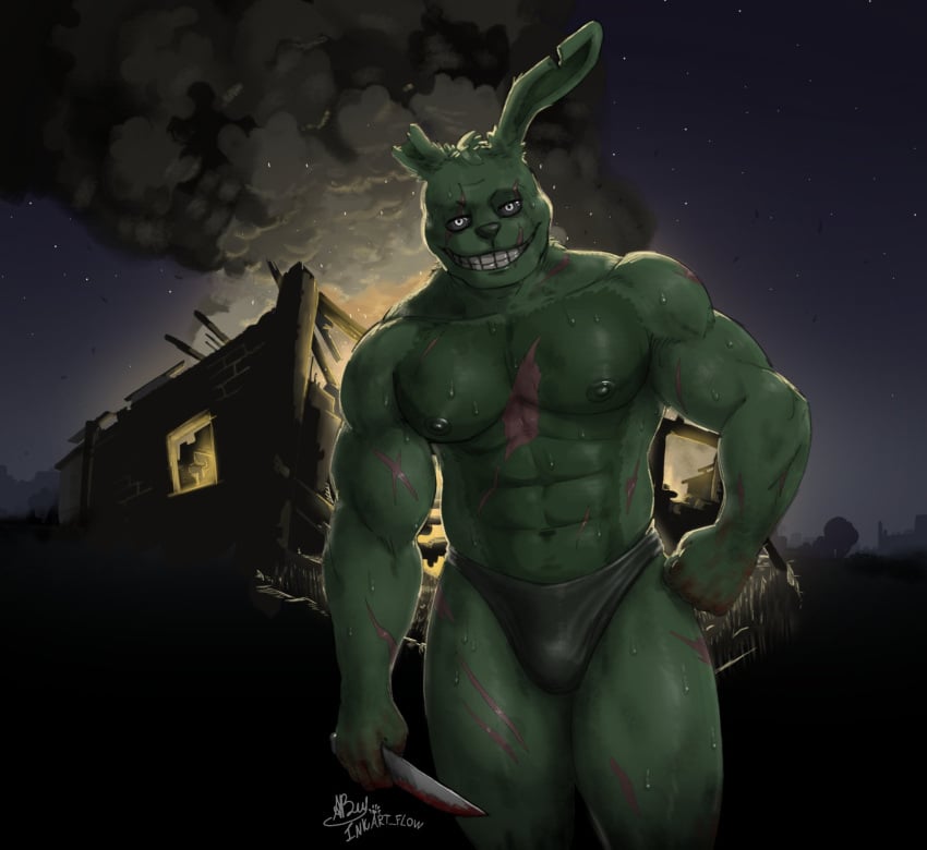 1boy 2021 abs anthro areola barazoku bedroom_eyes biceps blood blood_on_hand blood_on_weapon bloody_knife bodily_fluids body_scars building bulge burning_building clothed clothing fire fist five_nights_at_freddy's five_nights_at_freddy's_3 fur green_areola green_body green_fur green_nipples green_nose grey_sclera half-closed_eyes hand_on_hip hi_res holding_knife holding_object holding_weapon inkart_flow knife lagomorph leporid long_ears looking_at_viewer male male_only mammal manly mostly_nude multicolored_body multicolored_fur muscular narrowed_eyes navel night nipples notched_ear outside pecs presenting_bulge rabbit scar seductive sky smile smiling_at_viewer smoke solo speedo springtrap springtrap_(fnaf) standing star sweat swimwear teeth thick_thighs topless topless_anthro topless_male triceps two_tone_body two_tone_fur video_games weapon white_eyes window