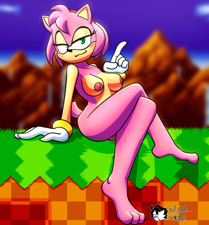 absurd_res amy_rose anthro blush breasts clothing crossed_legs eulipotyphlan female genitals gesture gloves handwear hedgehog hi_res kaijusundae mammal nude pointing pointing_up pussy sega sitting small_breasts smile smirk solo sonic_(series)