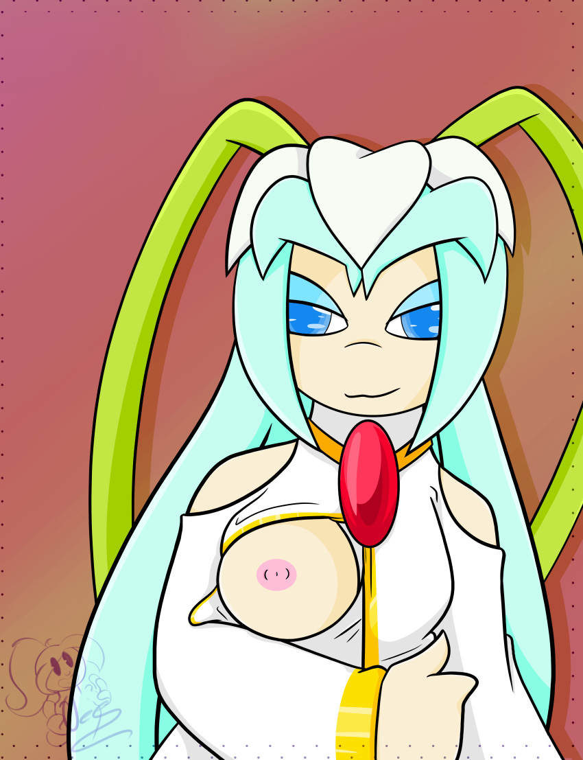 absurd_res blue_eyes blue_hair breasts crystal earthia_the_seedrian elemental_creature elemental_humanoid exposed_shoulders female flora_fauna hair hi_res humanoid looking_at_viewer mature_female milf nipple_slip one_breast_out pendant plant plant_humanoid seedrian sega simple_background smile solo sonic_(series) sonic_x veemomo