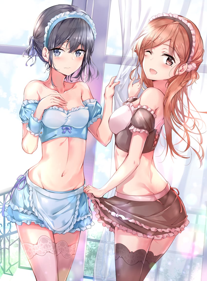 2girls ;d adagaki_aki alternative_costume apron arm_strap ass ass_cleavage bare_shoulders black_hair black_legwear black_skirt blue_apron blue_eyes blue_ribbon blue_skirt blush breasts brown_eyes brown_hair butt_crack clavicle cleavage clothing crop_top curtains enmaided eyebrows_visible_through_hair female floating_hair frilled_apron frilled_skirt frills fujinomiya_neko groin hair_ornament hair_ribbon headdress high_resolution long_hair looking_at_viewer maid maid_headdress masamune-kun_no_revenge medium_breasts midriff miniskirt mole mole_under_eye multiple_girls navel one_eye_closed open_mouth posterior_cleavage red_ribbon ribbon shirt_hold short_hair skirt small_breasts smile standing strapless sunhyun tagme thighhighs thighs very_high_resolution waist_apron wavy_mouth white_legwear wink zettai_ryouiki_sex_royale