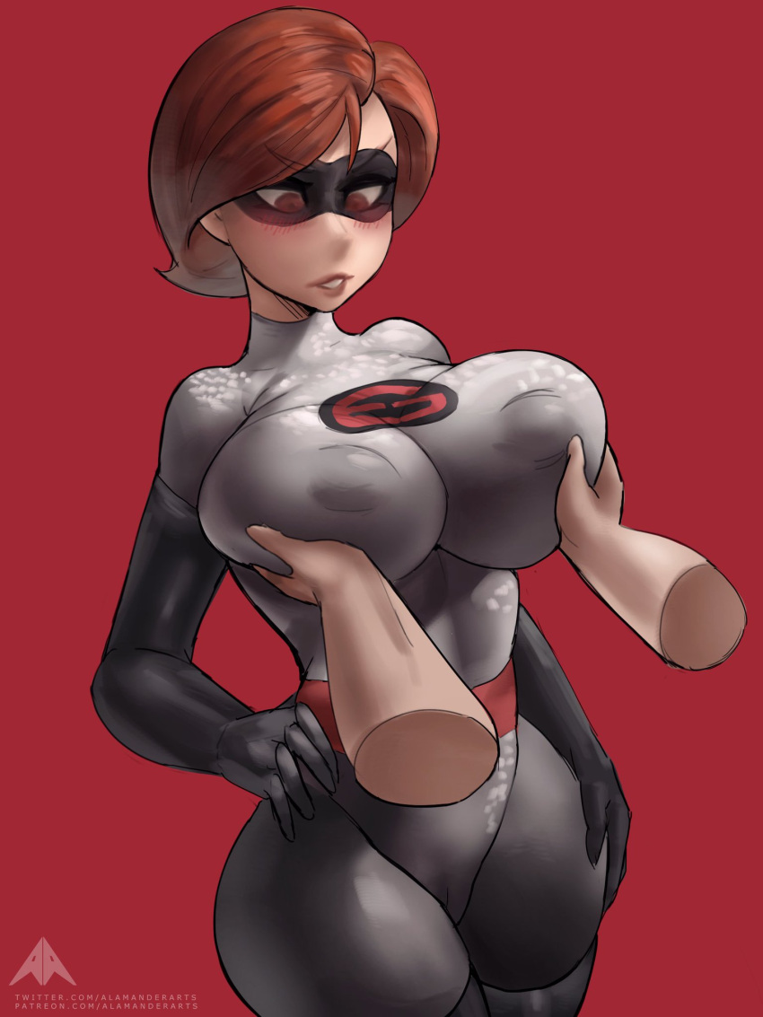 1girls 2021 alamanderarts alternate_costume armwear blush breast breast_hold breasts brown_hair busty curvaceous curvy curvy_hips disembodied_hands disney elastigirl elastigirl_(the_incredibles_2_supersuit) eyewear female female_only footwear groping groping_breasts hands hands_on_breasts handwear helen_parr holding_breast hourglass_figure huge_breasts large_breasts mask masked_female massive_breasts milf pixar pixar_mom plump_breasts smooth_skin solo superheroine surprised surprised_expression the_incredibles the_incredibles_2 thighhighs thin thin_waist tight_clothes tight_clothing tight_fit toned toned_body toned_female top_heavy voluptuous wide_hips