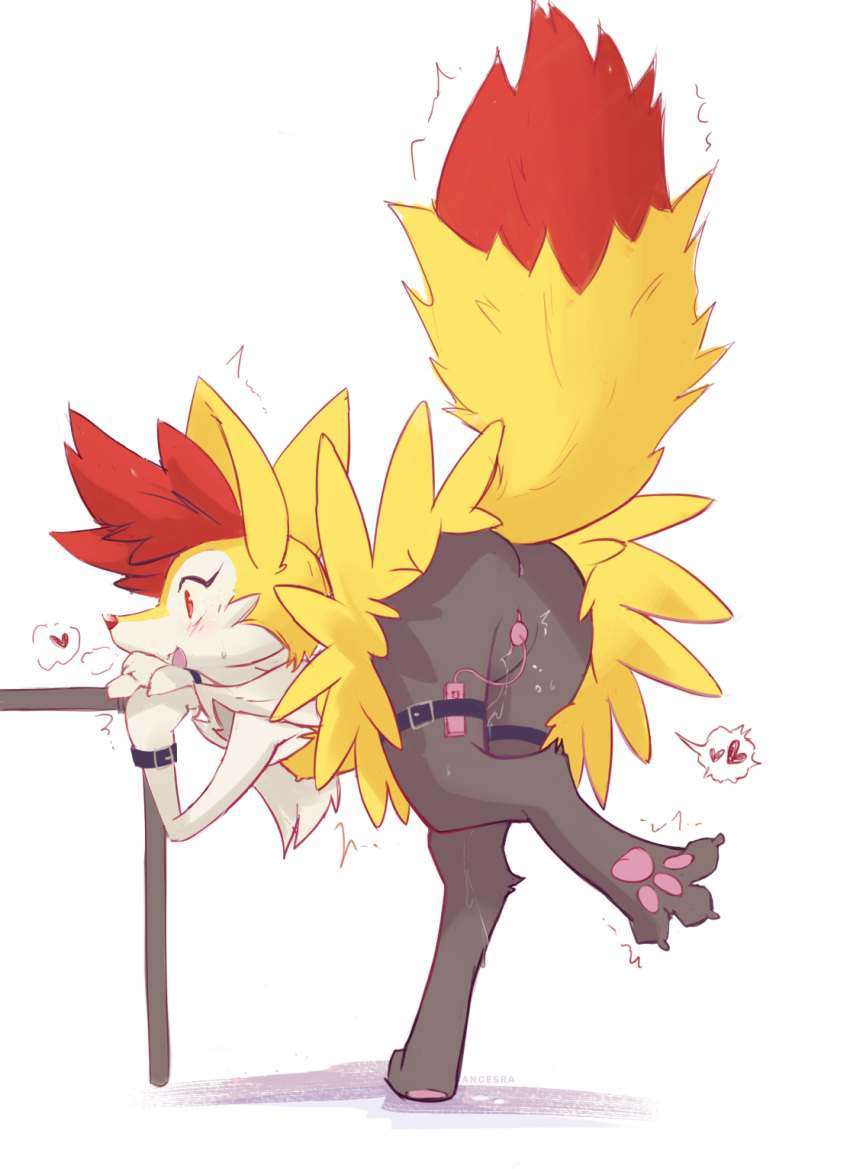 :3 ancesra animal_ear_fluff animal_ears animal_genitalia animal_nose anus artist_name ass bent_over black_fur blush body_fur braixen claws controller egg_vibrator english_commentary feet female female_orgasm flat_chest fox_ears fox_girl fox_tail from_behind full_body furry furry_female hands_together happy heart highres leg_up nipples object_insertion open_mouth orgasm pawpads paws pokémon_(species) pokemon pokemon_(species) pussy pussy_juice red_eyes remote_control remote_control_vibrator sex_toy simple_background smile snout solo speech_bubble spoken_heart spread_toes standing standing_on_one_leg sweat table tail tail_raised thigh_strap trembling uncensored vaginal_object_insertion vaginal_penetration vibrator watermark white_background white_fur wide-eyed wristband yellow_fur