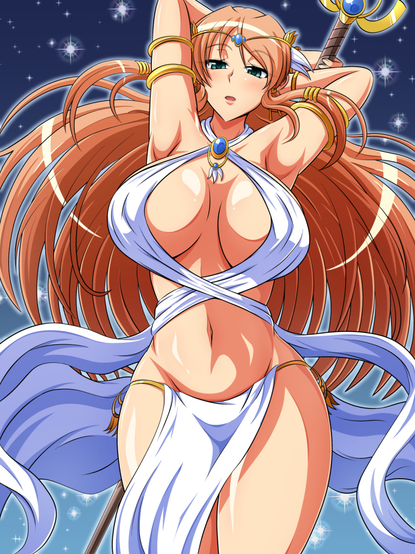 1girls aokura_shou armlet armpits arms_up big_breasts blush breasts brown_hair curvy female green_eyes hair_ornament highres large_breasts long_hair looking_at_viewer navel original parted_lips revealing_clothes solo staff standing wide_hips