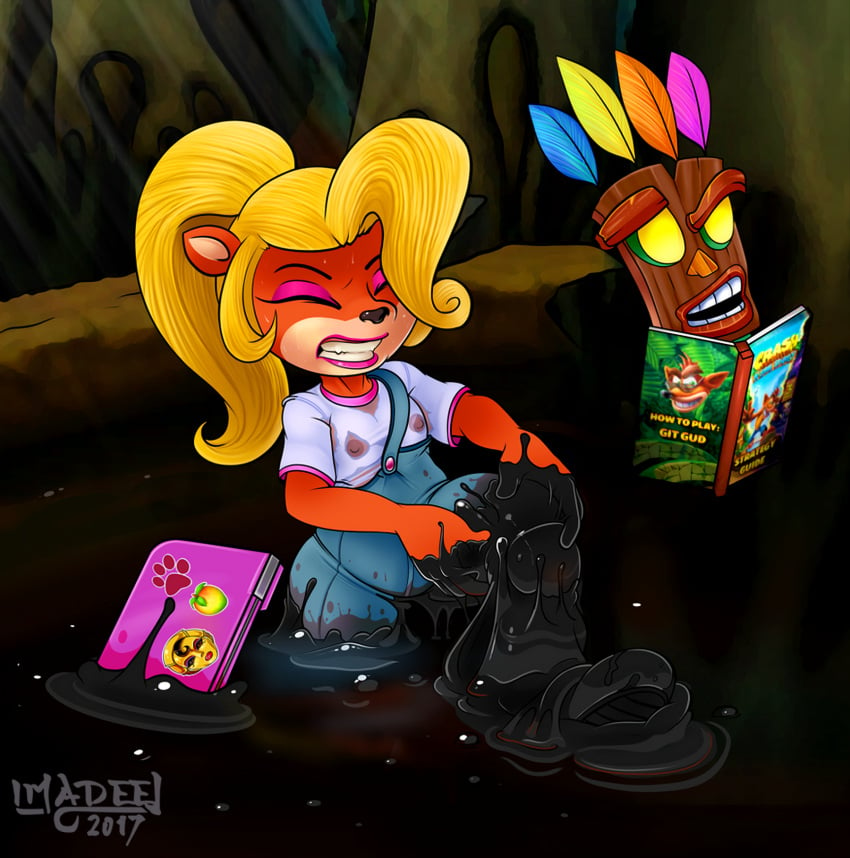 2017 aku_aku anthro coco_bandicoot computer crash_(series) electronics female game imadeej laptop lips male nipples nipples_visible_through_clothing stuck tar video_games wet_clothes wet_clothing