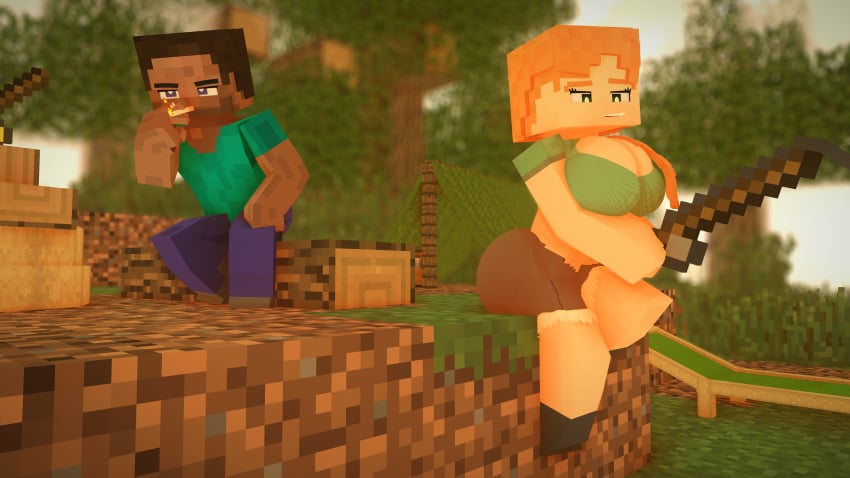 1boy 1girls 3d alex_(minecraft) breasts cigarette clothed clothing cuteskyler female forest ginger green_eyes green_shirt large_breasts mine-imator minecraft orange_hair outdoors outside shorts smoking square_body steve_(minecraft)