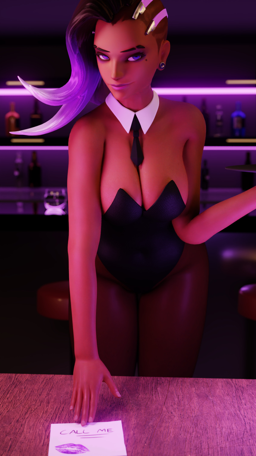 1girls 3d bar big_breasts breasts bunnysuit dark-skinned_female dark_skin detached_collar gelzy looking_at_viewer overwatch pantyhose pinup solo solo_female solo_focus sombra tray waitress