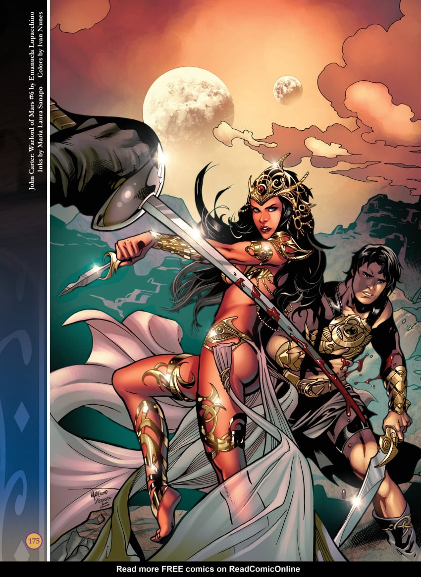 1girls 2boys a_princess_of_mars armlet ass barsoom black_hair blood blue_eyes bracelet bubble_butt canon_couple dejah_thoris emanuela_lupacchino fight fit_female headdress holding_weapon ivan_nunes john_carter john_carter_of_mars loincloth long_hair maria_laura_sanapo martian muscular_male official_art pink_skin royalty sword voluptuous wounded