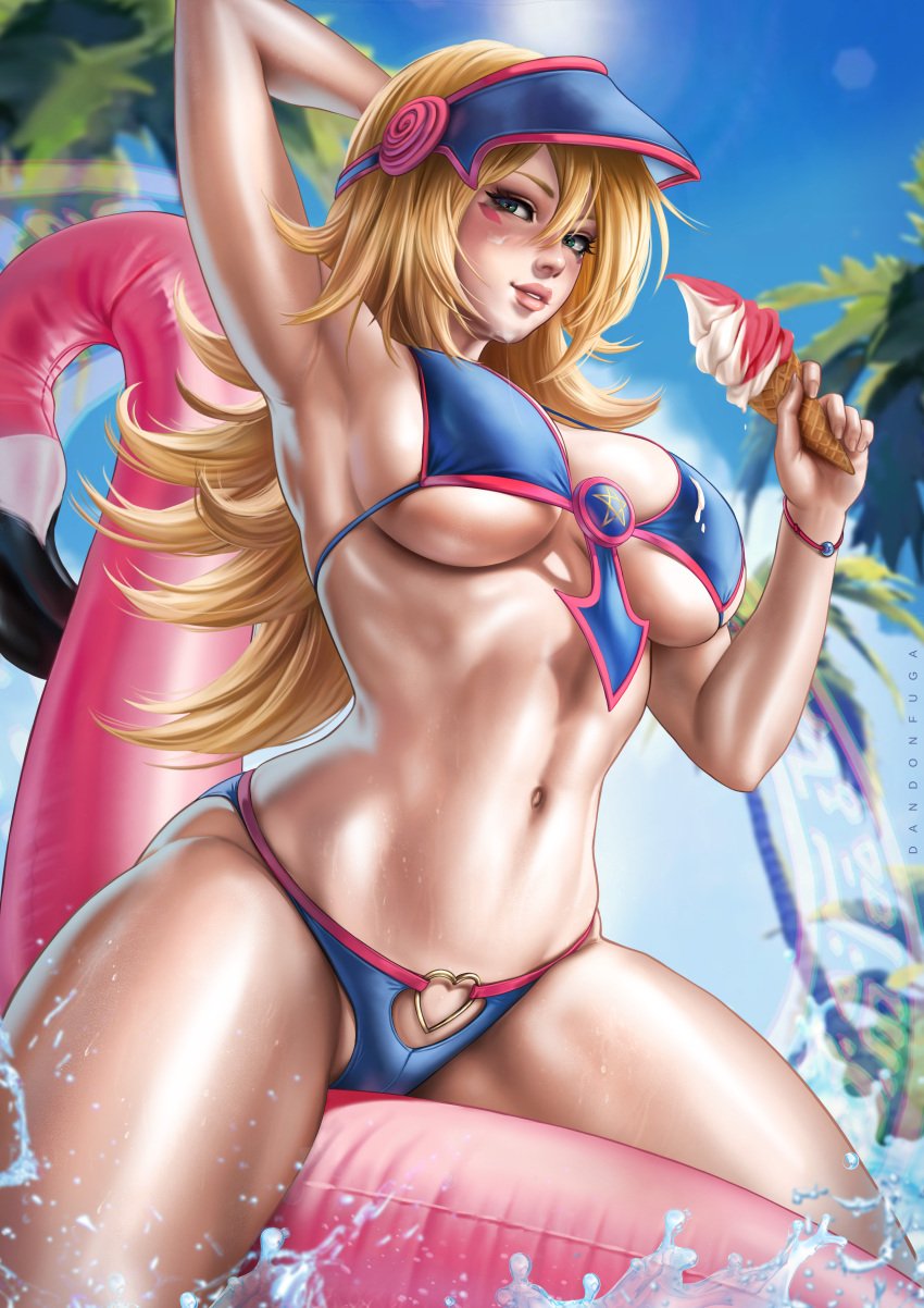 1girls abs armpits arms_up big_breasts bikini bikini_bottom bikini_top blonde_hair blue_eyes bra breasts child_bearing_hips cleavage clothed clothing cream_on_breasts cream_on_face cross_section cute cute_face dandon_fuga dark_magician_girl female female_focus female_only fit fit_female flamingo food hips holding_food ice_cream ice_cream_cone ice_cream_drip inflatable_toy large_breasts long_hair looking_at_viewer navel palm_tree pool pool_toy solo solo_female solo_focus summer thick_thighs thighs toned toned_female tropical underboob underwear water wet wet_skin yu-gi-oh!