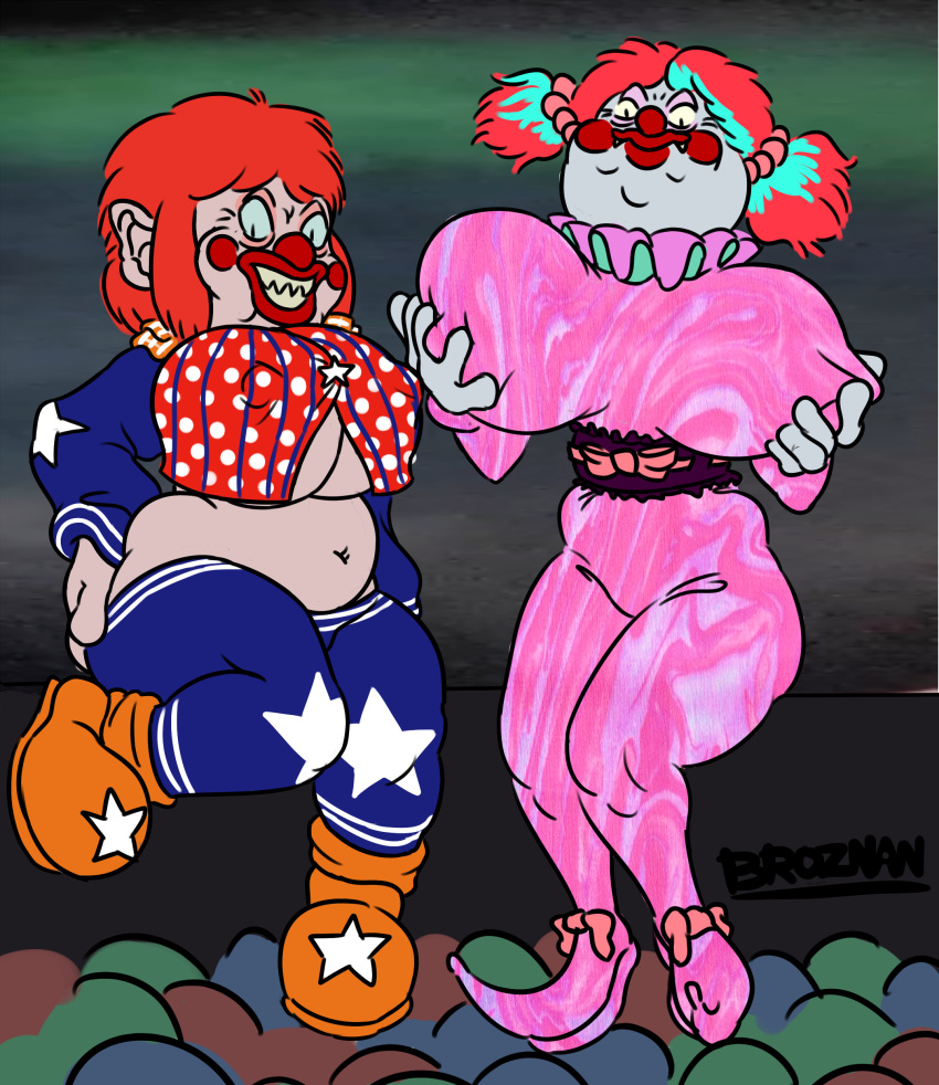 2girls ball_pit bbw big_ass big_belly big_breasts bodysuit breast_grab broznan cleavage clown clown_girl clown_makeup curvy daisy_(killer_klowns) duo female female_only hourglass_figure killer_klowns_from_outer_space makeup midriff navel nipple_bulge red_hair rosebud_(killer_klowns) sharp_teeth sitting underboob