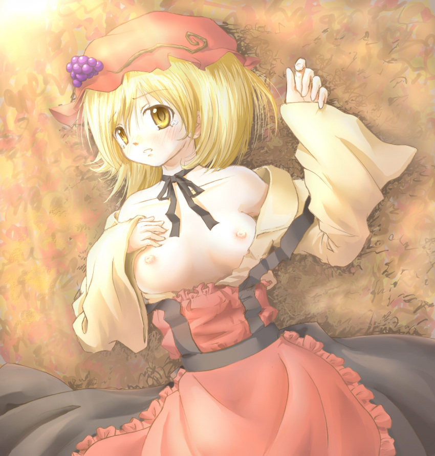 arinu blonde_hair crying dress eyebrows_visible_through_hair female hat medium_breasts minoriko_aki no_bra open_clothes solo touhou yellow_eyes