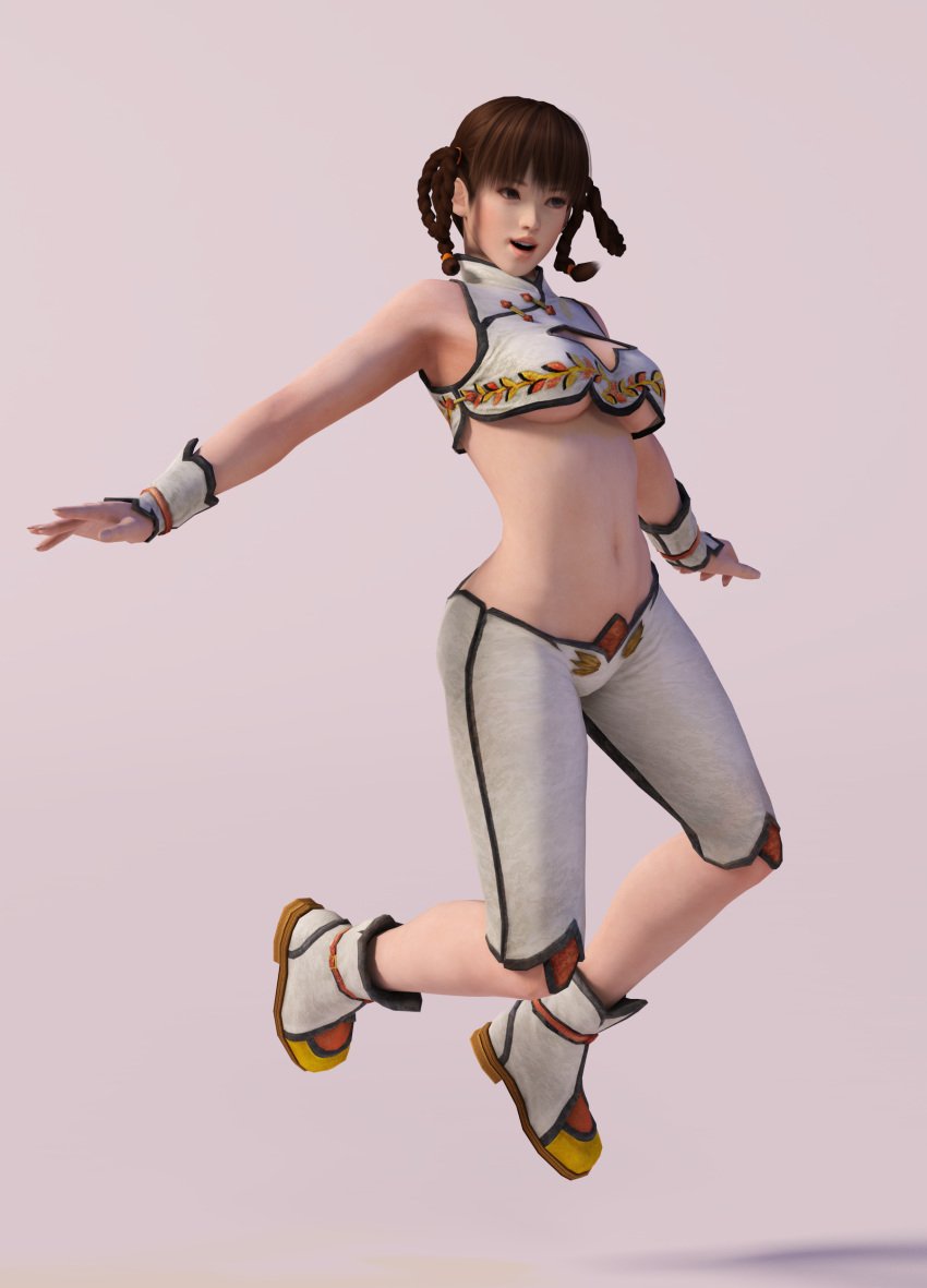 3d asian asian_female athletic athletic_female bare_midriff bare_shoulders big_breasts breasts brown_eyes brown_hair busty calves capri_pants chinese chinese_dress cleavage cleavage_cutout crop_top dead_or_alive female female_focus female_only hourglass_figure lei_fang long_hair navel pinup pinup_pose tagme tecmo underboob wide_hips x2gon