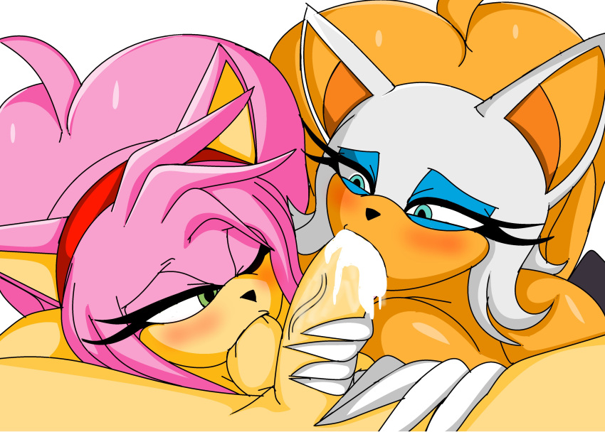 1boy 2girls amy_rose artist_name ass breasts cbear624 collaborative_fellatio cum_in_mouth fellatio fur furry multiple_girls nipples penis rouge_the_bat sega sonic_(series) sonic_the_hedgehog_(series) teamwork white_background