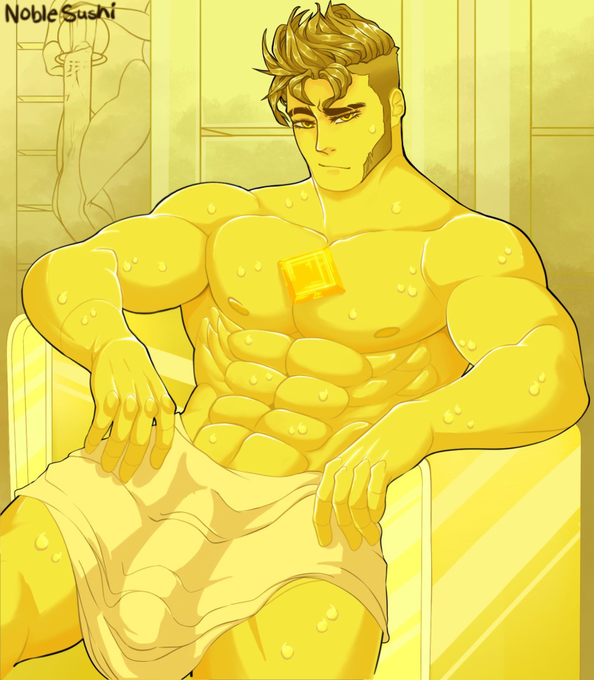 bara big_penis blanket bulge bulge_down_leg diamond diamond_(gem) diamond_authority diamond_eyes eyebrow_slits eyes facial_hair gay gem gem_(species) genderswap_(ftm) looking_at_viewer male male_focus male_only muscle muscles muscular muscular_male noblesushi raised_eyebrow rule_63 sauna steven_universe sweat sweatdrop sweating sweaty sweaty_thighs thy_noblesushi towel towel_around_waist towel_only yellow yellow_body yellow_diamond_(steven_universe) yellow_hair yellow_skin yellow_theme