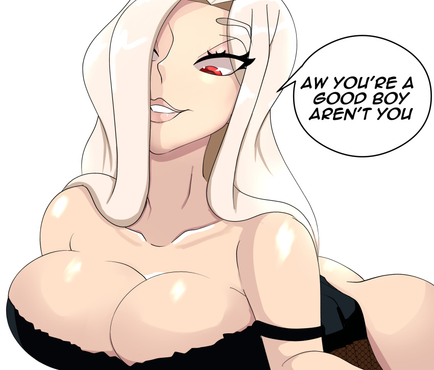 1girls alysianarts ass breasts cleavage dominant_female female female_only femdom hair_over_one_eye large_breasts long_hair looking_down no_panties off_shoulder plain_background red_eyes smile solo speech_bubble text white_background white_hair