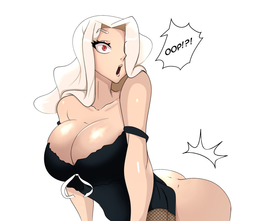 1girls alysianarts ass black_clothing breasts cleavage female female_only hair_over_one_eye large_breasts long_hair no_panties off_shoulder open_mouth plain_background red_eyes solo speech_bubble surprised text white_background white_hair