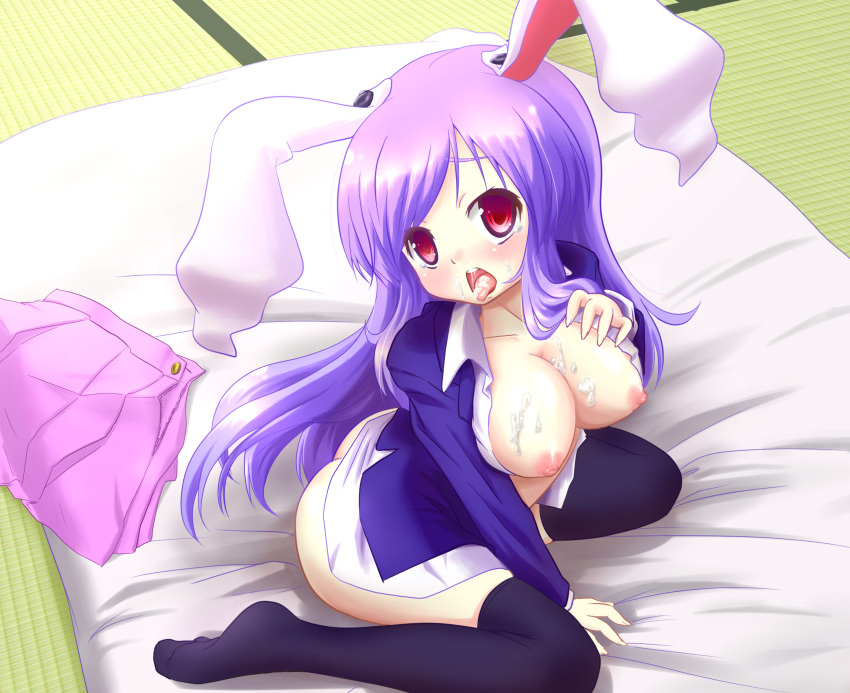 arinu ass bunny_ears cum cum_in_mouth cum_on_breasts female large_breasts long_hair looking_at_viewer looking_up purple_hair red_eyes reisen_udongein_inaba skirt_removed solo tears thighhighs touhou