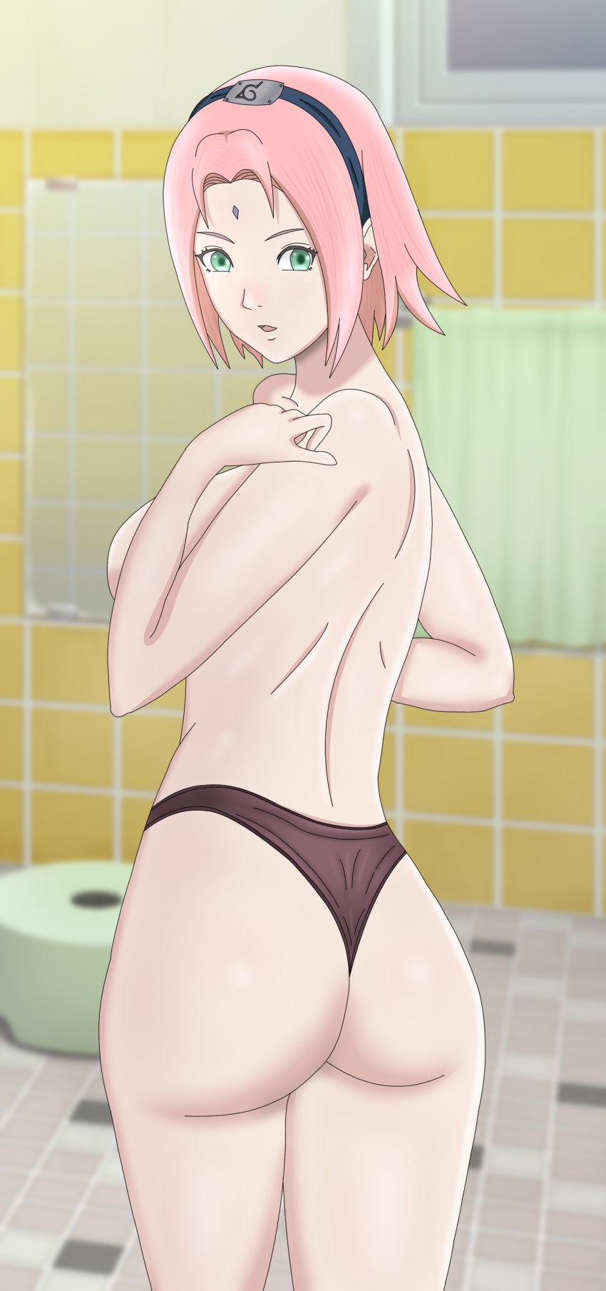 1girls alternate_breast_size ass ass_focus bare_back bare_legs bare_shoulders bathroom big_ass big_breasts breasts curvaceous curvy curvy_body curvy_female curvy_figure facial_mark female female_only forehead_jewel forehead_mark from_behind green_eyes hairband huge_ass indoors konohagakure_symbol light-skinned_female light_skin long_hair looking_at_viewer looking_back lpogo naruto naruto_(series) naruto_shippuden paipan pale-skinned_female pale_skin panties pink_hair pinup sakura_haruno shoulder_length_hair sideboob solo solo_female solo_focus standing thong_panties topless underwear walking wide_hips