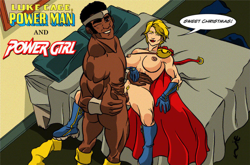 1boy 1girls afro big_breasts blonde_hair boots breasts closed_eyes comic_page couple crossover dark-skinned_male dark_skin dc dc_comics furiousd happy happy_sex interracial karen_starr leotard luke_cage marvel marvel_comics missionary_position nude power_girl power_man smile straight superhero superheroine superman_(series) thumbs_up wink