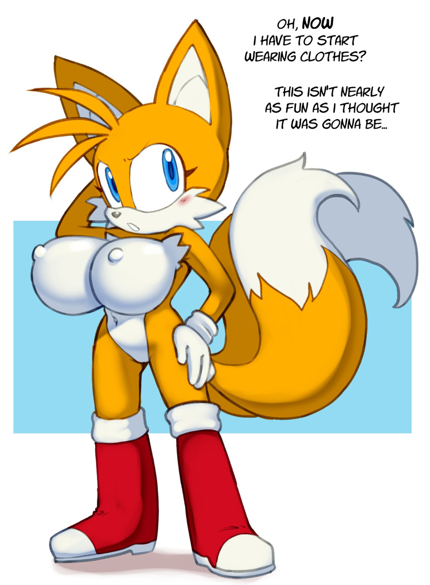 1girls 2021 angstrom big_breasts breasts busty casual exposed_torso female female_only footwear fox fox_ears fox_girl fox_tail furry furry_only gender_transformation genderswap genderswap_(mtf) gloves handwear huge_breasts male_to_female mostly_nude nipples rule_63 sega sonic_(series) tails tailsko voluptuous