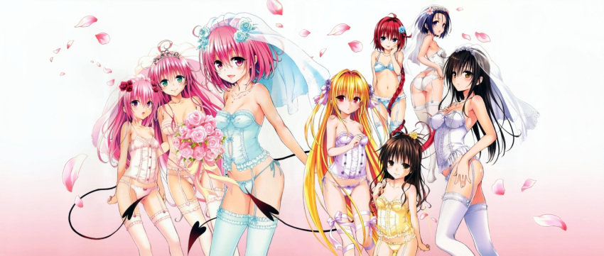 10s 6+girls 8girls alien alien_girl alien_humanoid blue_hair bra bridal_veil brown_hair bustier corset demon_tail devilukean devilukean_female devilukean_tail female female_focus female_only garter_belt garter_straps garters green_eyes konjiki_no_yami kotegawa_yui kurosaki_mea lala_satalin_deviluke lingerie long_hair looking_at_viewer momo_velia_deviluke multiple_girls nana_asta_deviluke open_mouth panties purple_eyes red_eyes red_hair redhead sairenji_haruna short_hair sisters smile standing thighhighs thighs to_love-ru to_love-ru_darkness twins underwear veil white_lingerie yabuki_kentarou yellow_lingerie yuuki_mikan