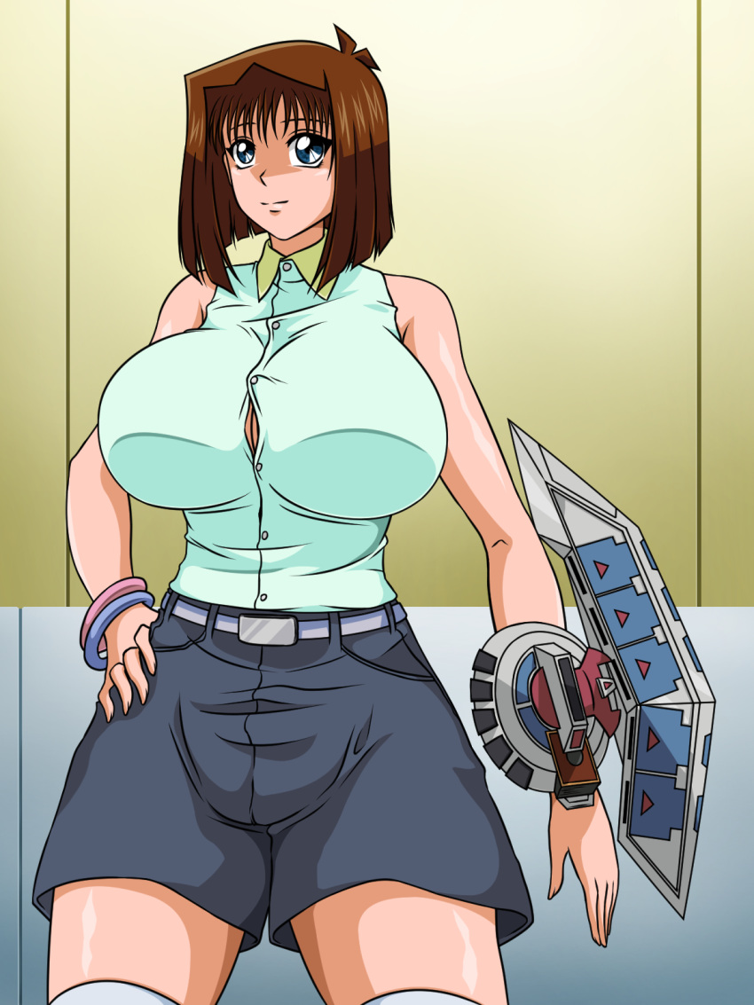 1girls big_breasts blue_eyes breasts brown_hair deck duel_disk female hand_on_hip huge_breasts large_breasts legwear short_hair shorts smile tea_gardner voluptuous yu-gi-oh! yu-gi-oh!_duel_monsters