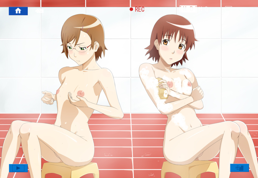 an-atlas bath bath_stool bathing blush breast_envy breasts brown_hair camera crossed_arms flat_chest glasses godou_tsugumi green_eyes hair_ornament hairclip hoshikawa_maki looking_down multiple_girls nipples nude orange_eyes photografic_proof recording short_hair sitting soap soapy sponge stool tokimeki_memorial tokimeki_memorial_4 viewfinder voyeur voyeurism wet