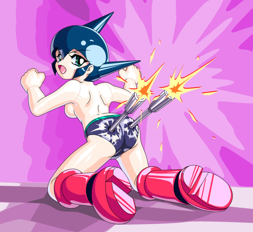 astro_boy back_view backboob breasts color female female_only gun looking_back open_eyes open_mouth robot round_ears rule_63 solo tagme teal_eyes weapon