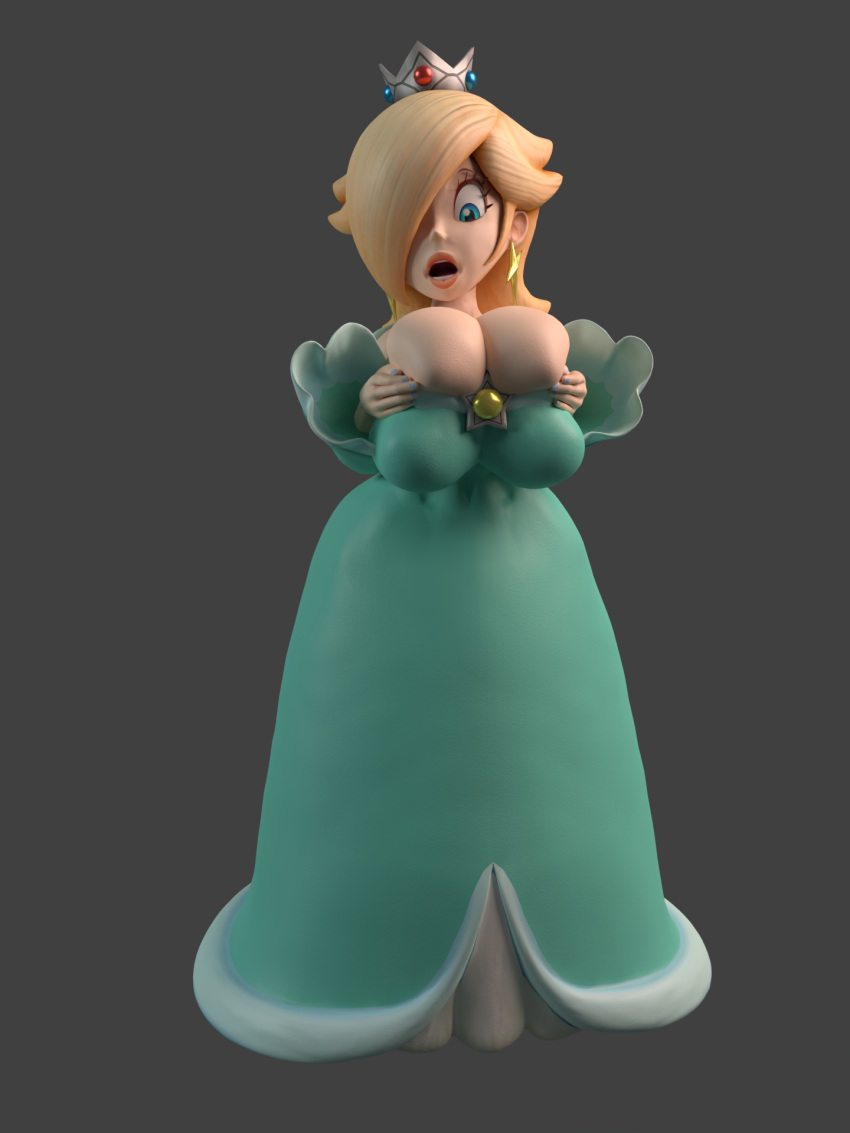 1girls 3d back_length_hair blender blonde_hair blue_eyes blue_nails breasts bursting_breasts earrings female female_only fingernails hair_over_one_eye huge_breasts light-skinned_female mario_(series) nail_polish nintendo princess_rosalina shocking_(artist) simple_background super_mario_galaxy surprised tagme tight_clothing tight_shirt