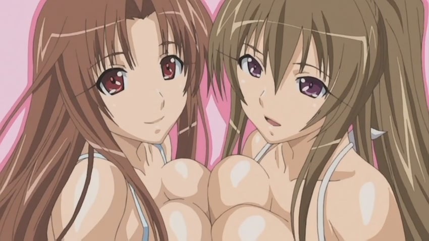 2girls anejiru asymmetrical_docking big_breasts breasts brown_hair busty female female_only large_breasts long_hair looking_at_viewer multiple_girls no_bra open_mouth ponytail purple_eyes red_eyes screencap screenshot shirakawa_kyouko shirakawa_ryouko sisters smile t-rex_(animation_studio) tank_top