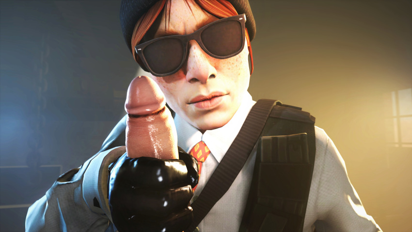 1boy 1girls 3d akatomasu angry big_penis brown_hair clothed counter-strike:_global_offensive counter-strike_(series) getaway_sally gloved gloved_handjob gloves handjob hat hi_res looking_at_partner looking_at_viewer necktie penis pov red_hair shirt source_filmmaker suit sunglasses tie uniform valve