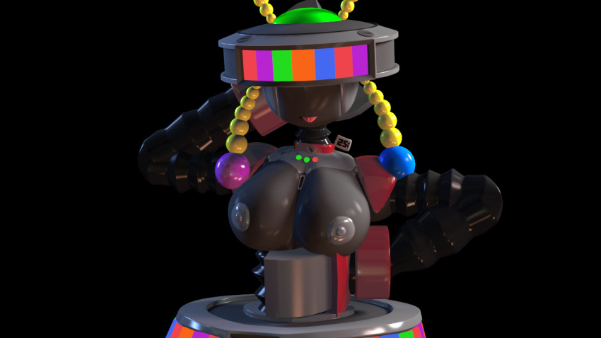 3d black_background breasts candy_cadet claw_hands eyes_covered five_nights_at_freddy's five_nights_at_freddy's_6 freddy_fazbear's_pizzeria_simulator gray_skin hand_behind_head hand_on_hip large_breasts pk_infone pose robot robot_girl source_filmmaker tongue_out void yellow_hair